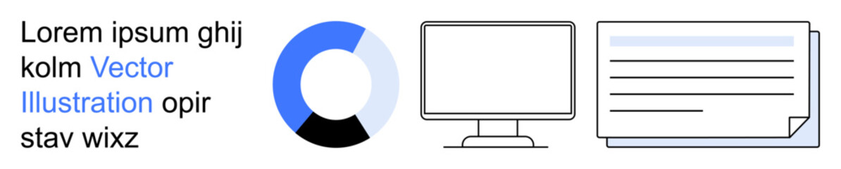 Business analytics, data processing, education materials, report templates, web interfaces, technology tools. Chart, monitor and text document icons. Business analytics and data processing concept