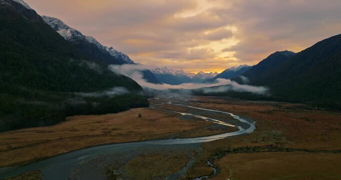 Eglinton Valley at sunrise, peaceful river, stunning New Zealand views
