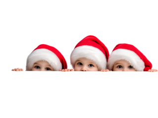 Three cute babies in Santa hats peeking over a blank white space, isolated on white background, png