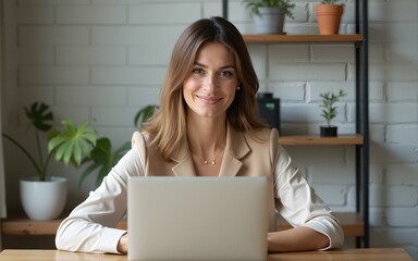 Fototapeta premium An attractive middle aged businesswoman sitting in front of laptop and managing her small business from home. High quality
