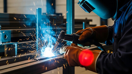 Skilled welder in protective gear joining metal with bright sparks in an industrial workshop