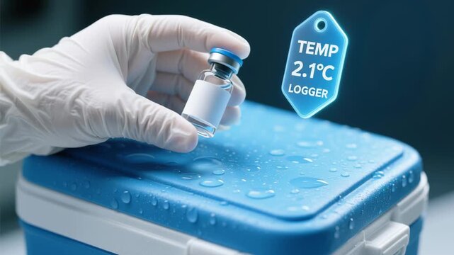 Cold chain logistic warehouse temperature Hand white glove holds small vial above blue cooler with condensation, showcasing temperature logger, highlighting importance of temperature