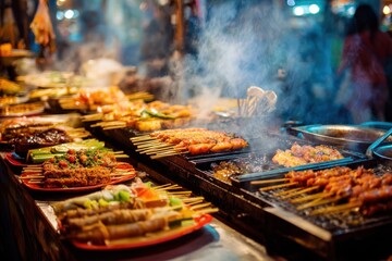 Diverse array of steaming street food from a vibrant night market filled with enticing aromas and lively crowds celebrating culinary traditions