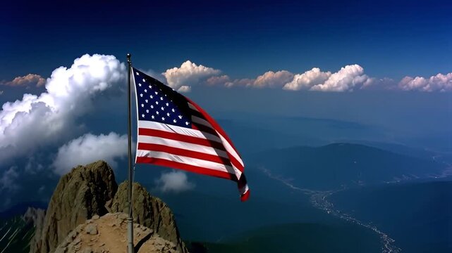 American flag waving proudly on a rugged mountain peak set against a dramatic blue sky symbolizing patriotism and achievement