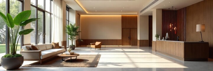 Sleek, minimalist modern lobby design featuring comfortable seating, natural light, and stylish d?cor  Perfect for corporate, hotel, or residential spaces ,  interior design,  pattern
