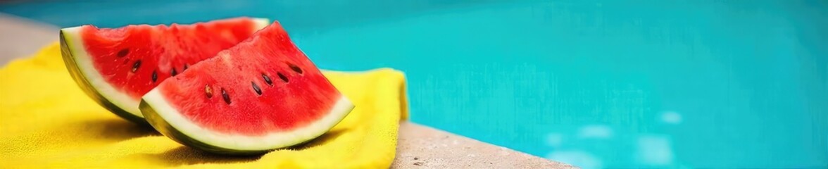 Sliced watermelon on a vibrant yellow towel, near a refreshing pool, evokes summer relaxation Perfect for summer, vacation, and relaxation themes , vacation, yellow, juicy
