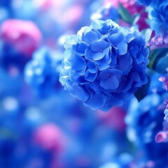 Vibrant blue hydrangea flower cluster amongst soft pink blossoms.  Close-up, shallow depth-of-field, detailed view of petals.  A dreamy garden scene