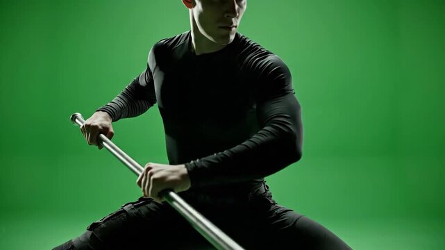 Man in black outfit practicing martial arts with a staff in front of green screen.