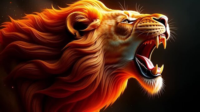 Powerful roaring lion with a fiery glowing mane symbolizing strength and leadership against a dark background
