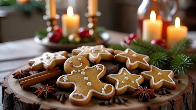 Iced gingerbread cookies including a gingerbread man and stars arranged on a rustic wooden board with festive spices and warm candlelight perfect for C