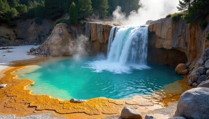 Steaming hot springs water cascading down a rocky hillside, creating a natural, geothermal pool Perfect for travel, nature, and relaxation imagery , thermal, nature