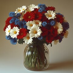 Vibrant bouquet of red, white, and blue daisies and cornflowers in a clear glass vase