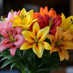 Vibrant bouquet of lilies in various colors.  A close-up showcasing the beauty of different shades of lilies, including pinks, oranges, reds, and yellows.  
