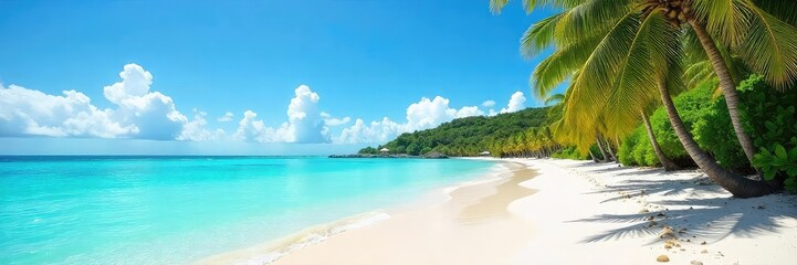 Stunning panoramic view of a pristine tropical beach with turquoise water lapping the white sand shore, lush palm trees swaying gently in the warm breeze, a perfect paradise , horizon, sunny