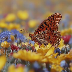 Vibrant butterfly amidst a colorful flower meadow