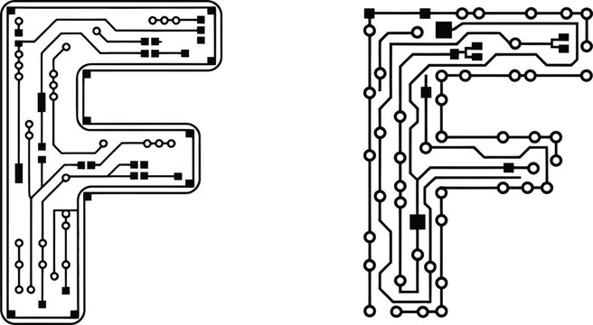 circuit board letter f tech font for futuristic digital technology logos and electronic projects
