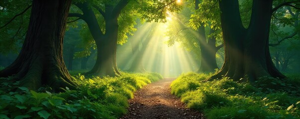 Sun-dappled path winding through a lush, ancient woodland, sunlight filtering through leaves, creating a magical atmosphere Perfect for nature, travel, and fantasy themes , adventure, sunbeams, woods