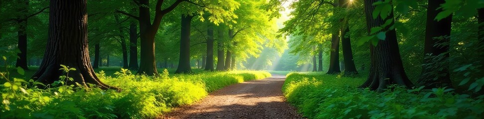 Sun-dappled path winding through a lush forest parkway, vibrant green canopy overhead, sunlight filtering through leaves ,  idyllic,  quiet
