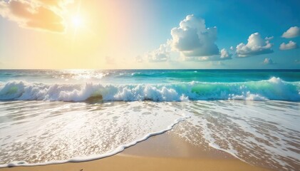 Sun-drenched beach scene with rolling ocean waves crashing on the shore, creating a dynamic summer seascape Perfect for travel, vacation, or summer-themed projects , sky, holiday, water