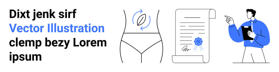 Health and wellness, certification, professional assessment, eco-friendly care, body positivity, lifestyle. Visual of body with eco icon, certified document and professional. Health