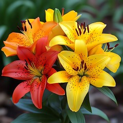 Vibrant cluster of lilies in orange and yellow hues.  Detailed petals with speckles