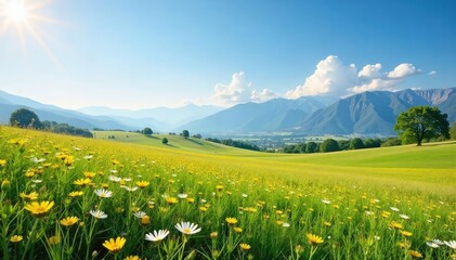 Sun-drenched meadow on a sprawling ranch, wildflowers blooming, distant mountains, clear blue sky Perfect for idyllic, peaceful, rural themes , ecology, nature, wildlife habitat