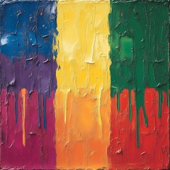 Vibrant color drips in a bold abstract painting.  Thick impasto strokes create texture and flowing lines of color