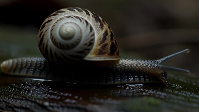 Detailed macro photograph of a garden snail highlighting its unique spiral shell design slowly moving on a dark textured surface
