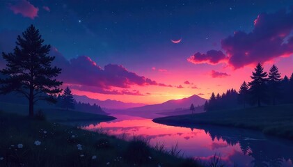 The first hints of twilight paint the sky, stars beginning to emerge as darkness settles over a tranquil landscape A serene scene perfect for relaxation and contemplation , constellation, quiet