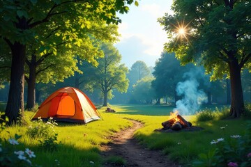 Sunny summer day at a vibrant campground, lush green trees, tents pitched, campfire smoke rising, peaceful idyllic scene , fire, smoke