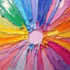 Vibrant, colorful abstract painting with radiating brushstrokes, creating a dynamic, expressive design.  A central, light-pink area stands out against the radiating hues