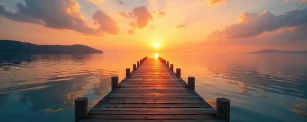 Tranquil sunrise over a wooden shoreline dock extending into calm water, reflecting the golden light Ideal for travel, nature, and serenity themes , light, lake