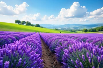 Vast field of fragrant lavender in full bloom under a sunny Provence sky Rolling hills, purple flowers, summer landscape idyllic, tranquil scene perfect for relaxation and escape , field, hills