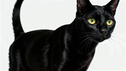 Black cat with striking green eyes posing against a white background