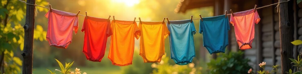 Vibrant colored clothing hangs drying on a rustic wooden clothesline, bathed in warm sunlight Perfect for themes of laundry, spring, summer, nature, and simple living , pure, life
