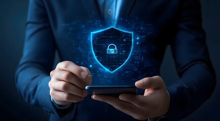 Phone showing secure lock icon in a dark business setting.