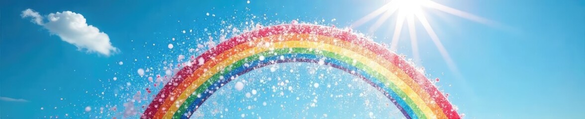 Vibrant rainbow sprinkler spraying water high in the air, creating a colorful arc against a bright blue sky Perfect for summer, fun, and playful imagery , mist, arc