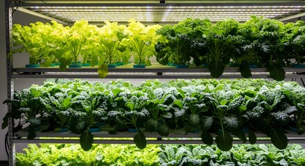 Vertical Farm Growing Fresh Salad Greens and Vegetable with Artificial Lighting