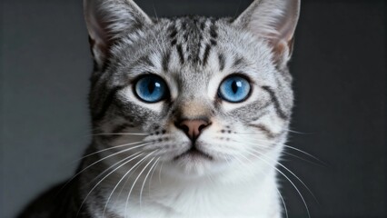 Close-up of a gray tabby cat with striking blue eyes and white fur on the chest