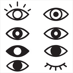Set of Eight Black and White Eye Icons: View, Vision, Look, and Security Graphic Symbols