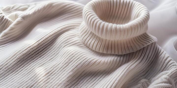 Creamy white knitted turtleneck sweater with soft folds and textures.