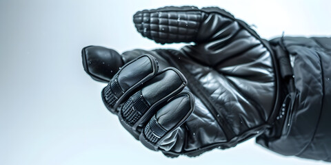 A black padded glove extends a hand into the white space.
