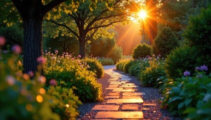 Warm evening glow illuminates a garden path, casting long shadows from lush foliage Perfect for ambiance, relaxation, and outdoor living themes , plants, foliage