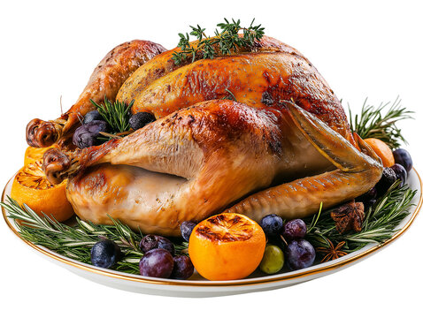 Golden brown roasted turkey on a white platter with rosemary, thyme, oranges, and berries, isolated on white background, png