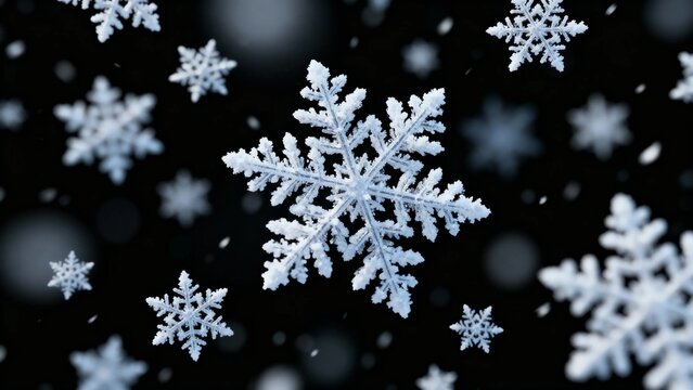 Close-up of intricate snowflakes falling against a dark background - Powered by Adobe