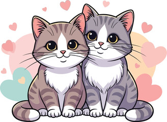 Adorable pair of cartoon kittens surrounded by sweet pastel hearts ready for Valentine's Day