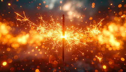 Sparkler's Symphony: A vibrant sparkler bursts into a dazzling display of light, creating a captivating spectacle of golden sparks against a backdrop of ethereal glow and gentle, smoky haze.