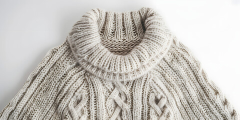 Cozy, textured, cream-colored, cable-knit sweater with a turtleneck.