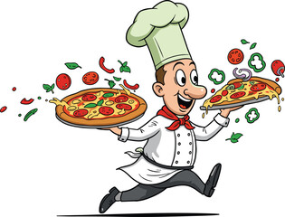 Happy cartoon chef running with two pizzas, flying fresh pizza ingredients, Italian cuisine, chef hat, cooking fun, food delivery, CAD drawing illustration