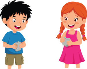 Happy cartoon children holding clay, boy and girl enjoying creative art activity, childhood fun with modeling clay, smiling artistic 